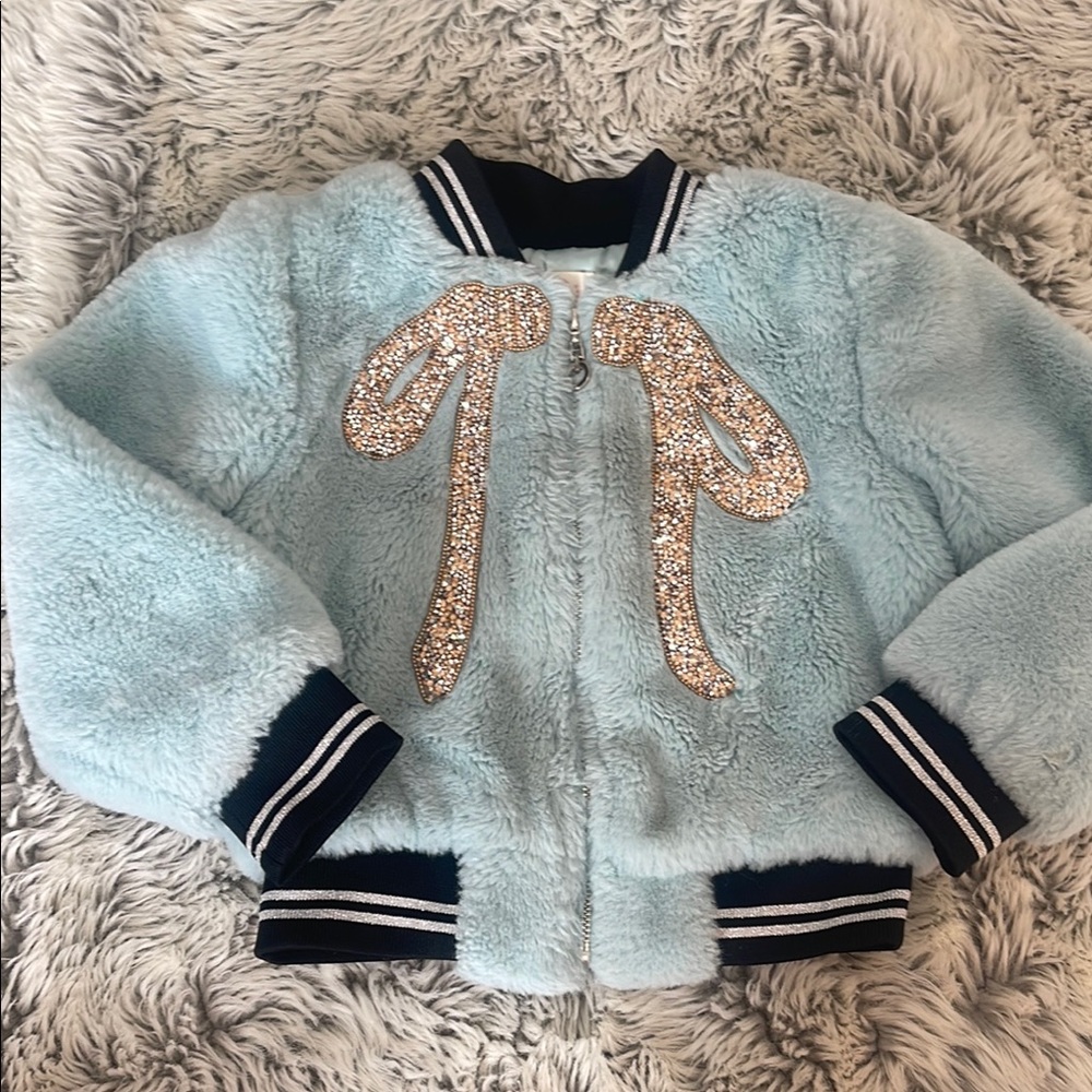Girls Light Blue Fuzzy Jacket with Glitter Bow